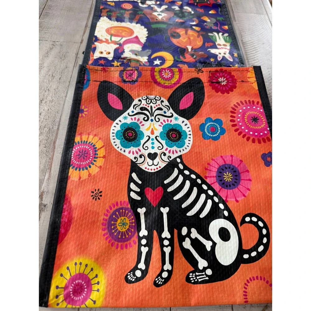 Halloween Dia de los Muertos Reusable Gift Bag 2 Pack Chihuahua Sugar Skull Dog